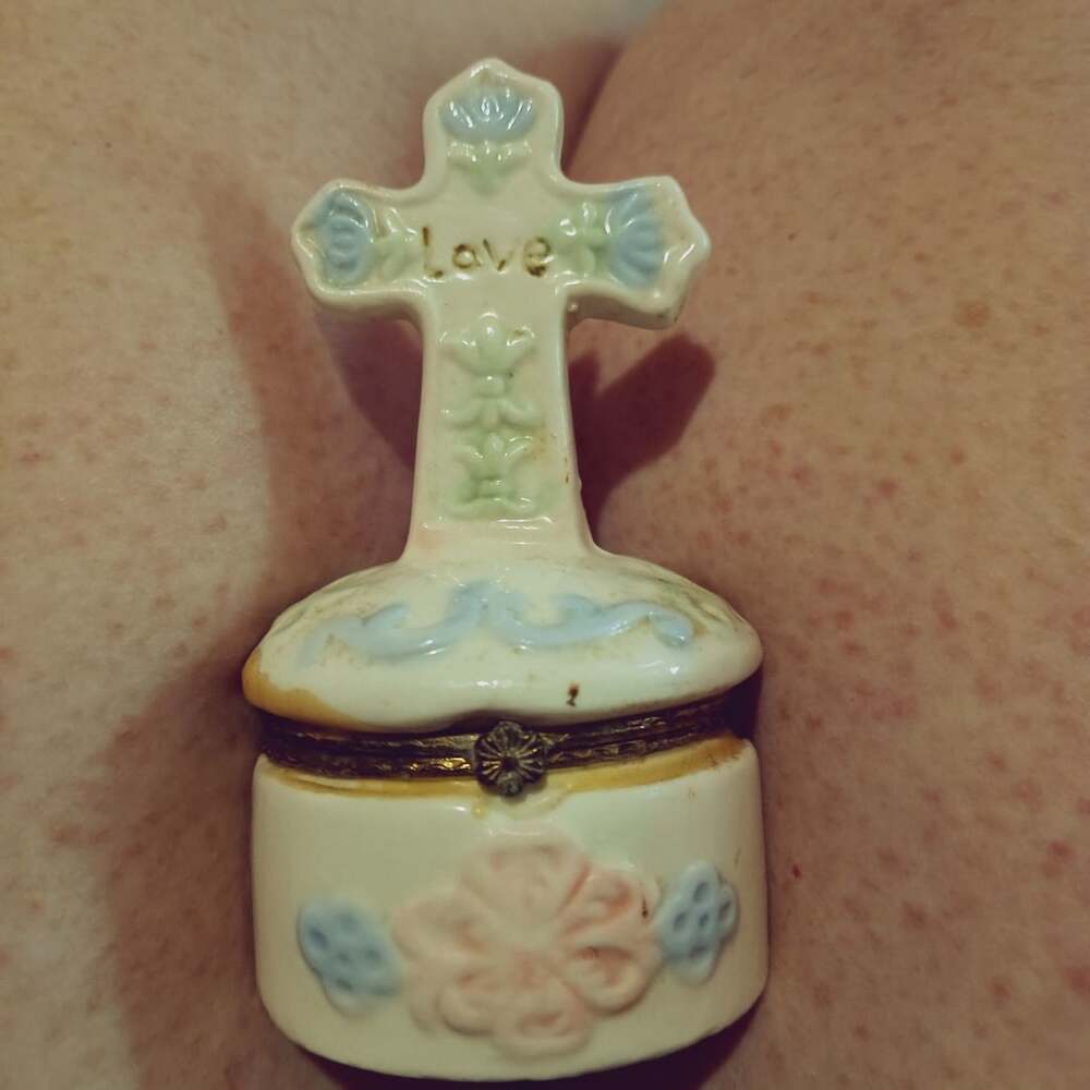 Ceramic Cross Trinket Box with Pastel Floral Design and Hinged Lid